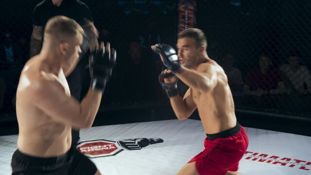 Two Mixed Martial Artists Engage in a Dynamic Octagon Fight, Showcasing Sharp Striking, Grappling, and Powerful Ground-and-Pound Techniques in an Intense and Thrilling MMA Battle