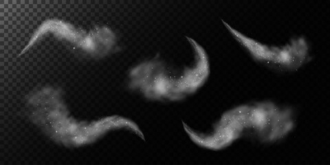 Fantastic smoke background. Magic smoke with glitter and small particles of twinkling stars, fog with glowing particles, gray vapor with stardust. Vector illustration.	