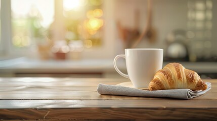 A white coffee mug and a croissant sit on a kitchen countertop with a checkered cloth