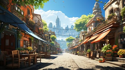 Obraz premium A vibrant illustration of a bustling market in an exotic location, showcasing colorful stalls, diverse goods, and a rich cultural atmosphere. Illustration, Minimalism,