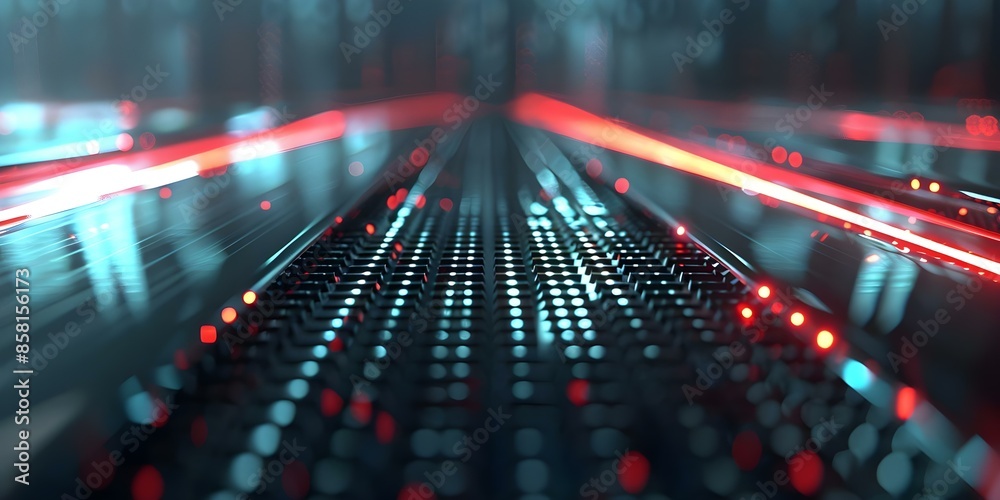 Poster pulsating light bars and data grid represent abstract technological background. concept led lights, 