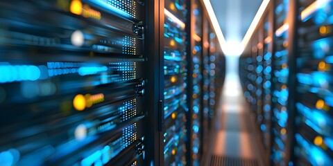 AI data center processes future possibilities in digital realm with computational prowess. Concept AI Technology, Data Processing, Future Trends, Digital Realm, Computational Power