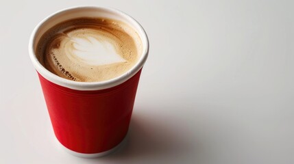Takeaway coffee in a red paper cup without a lid on a white background in a close up top view