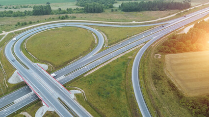 Aerial perspective of highway cloverleaf in Europe