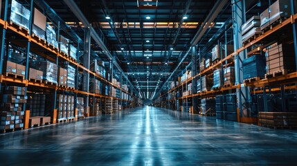Fototapeta premium Inside a large, modern warehouse with many lights, shelves filled with shipping containers, showcasing a busy logistics hub