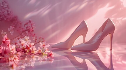 A pair of designer high-heeled shoes stands on a reflective glass surface, set against a minimalist background with a soft pink to white gradient.