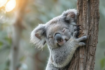 A sleepy koala bear hugging the trunk of a eucalyptus tree, with its eyes half-closed and one ear twitching