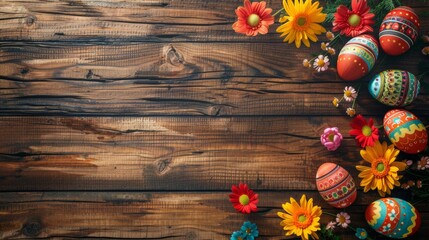 Beautiful Easter Eggs with colorful patterns decoration on wooden table