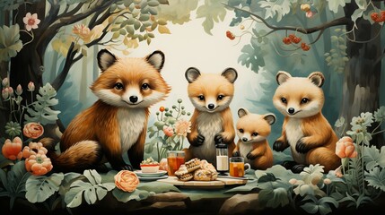 Fototapeta premium A whimsical illustration of a group of woodland animals enjoying a festive tea party, with detailed characters and a playful, imaginative atmosphere. Illustration, Minimalism,