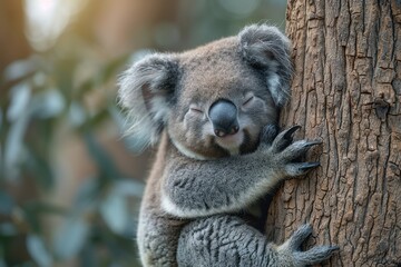 Obraz premium A sleepy koala bear hugging the trunk of a eucalyptus tree, with its eyes half-closed and one ear twitching