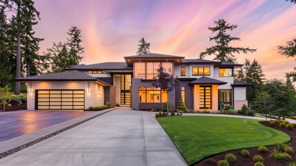 Modern luxury home facade with a manicured lawn and driveway at sunset