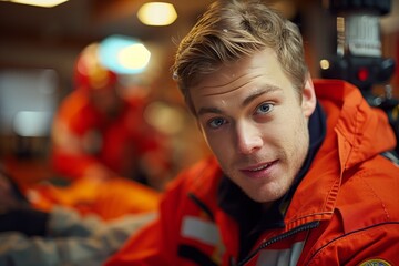 Obraz premium Close-Up Portrait of a Rescue Worker on a Boat at Night
