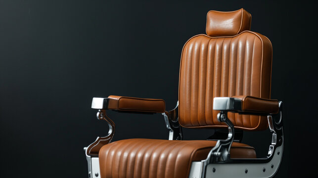 Close up de uma cadeira de barbeiro em couro e detalhes cromados em fundo preto