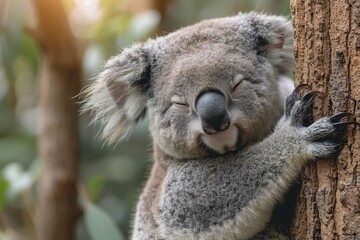 Fototapeta premium A sleepy koala bear hugging the trunk of a eucalyptus tree, with its eyes half-closed and one ear twitching