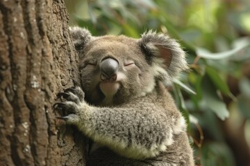 Fototapeta premium A sleepy koala bear hugging the trunk of a eucalyptus tree, with its eyes half-closed and one ear twitching