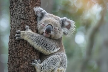 Obraz premium A sleepy koala bear hugging the trunk of a eucalyptus tree, with its eyes half-closed and one ear twitching