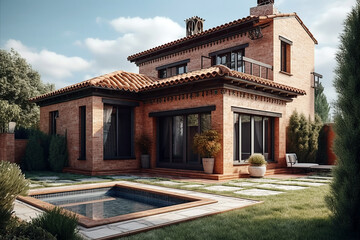 Fototapeta premium Exterior of a modern brick private house in Spain style with a pool in front of it.
