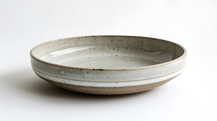 A simple round grey ceramic plate on white background, product photography.