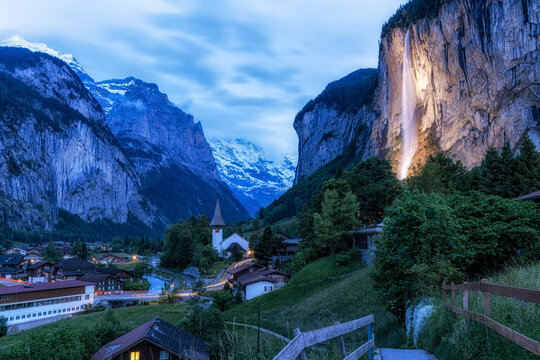 Lauterbrunnen and Staubbach waterfall at Night