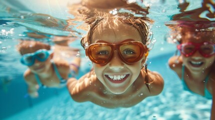Fototapeta premium Underwater group portrait of happy children in swimming pool.