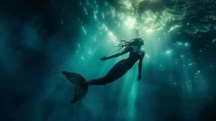 Beautiful mermaid swimming underwater in deep sea.