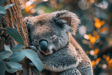 Fototapeta premium A sleepy koala bear hugging the trunk of a eucalyptus tree, with its eyes half-closed and one ear twitching