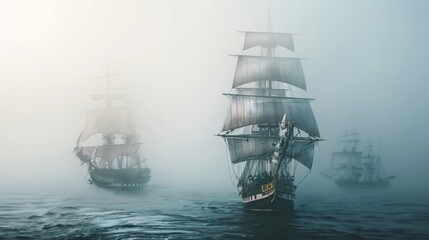 Obraz premium Sailing ship in sea water in heavy fog.