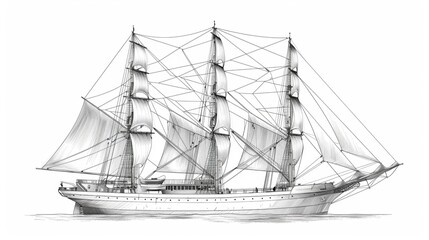 Hand sketch of a vintage sailing ship over white background
