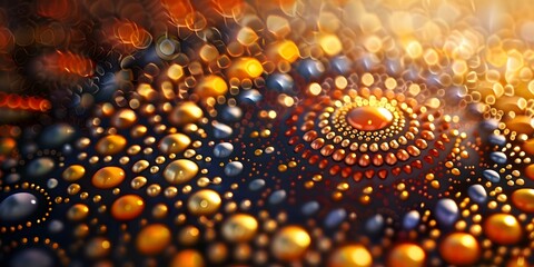 Closeup view of vibrant Aboriginal dot painting with earthy tones and abstract patterns. Concept Dot Painting, Aboriginal Art, Earthy Tones, Abstract Patterns, Vibrant Colors