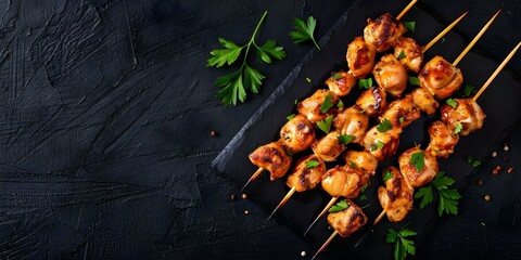 Top view of chicken skewers in yakitori sauce on black slate. Concept Food Photography, Yakitori Skewers, Top View, Japanese Cuisine, Food Presentation
