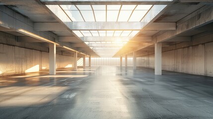 Sunlight pours into an empty underground parking garage, casting a warm glow on concrete white walls and highlighting the modern skylight ceiling.