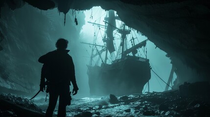 An explorer uncovered a stranded vintage sail pirate ship in a cave.
