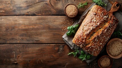 homemade gluten-free quinoa bread loaf with seeds on rustic wooden table, perfect for showcasing your bread-making skills, with space for text