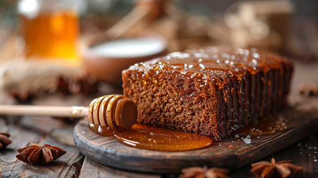 Closeup on a fresh delicious homemade honey cake for Rosh Hashanah with space for text
