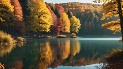 a serene lake surrounded by autumn trees.
