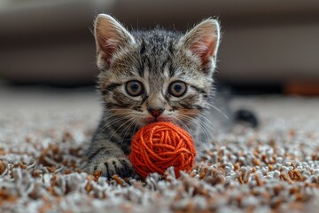 Naklejka premium A small tabby kitten playing with a ball of red yarn, on a soft carpet. The kitten looks curious and engaged