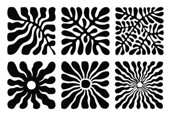 Matisse curves aesthetic. Groovy abstract flower art set. Organic floral doodle shapes in trendy naive retro hippie 60s 70s style. Hand drawn illustration of a plant