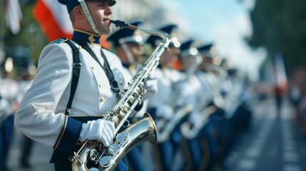 Vibrant scene of a national parade with marching bands and tricolor flags, festive atmosphere, celebrating Independence Day on August 15, unity and pride
