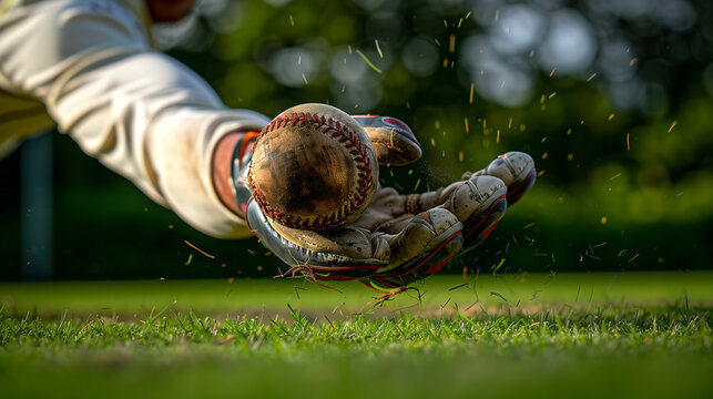A fielder slides across the turf to stop a boundary
