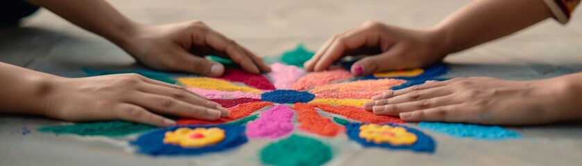 Obraz premium Group of women creating colorful Rangoli patterns on the ground, detailed designs symbolizing good luck and festive spirit, traditional and bright