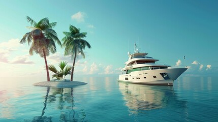 Fototapeta premium Luxury yacht with small island with palm trees in sea water.