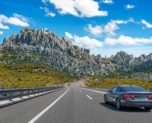 A grey car drives along the highway against the backdrop of rocky mountains on a sunny day.