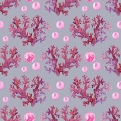 Obraz premium Marine seamless pattern red corals, shiny pink pearls. Watercolor illustration Underwater background. Ocean nature. On grey. Summer vibes, Sea bottom. For fabric, wrapping paper, wallpaper, decor