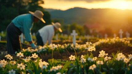 Grave cleaning ritual with family members scrubbing and decorating graves with fresh flowers and incense, a sunlit graveyard backdrop, creating a respectful and reverent scene