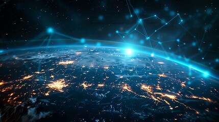 A breathtaking planetary view with network and data highlights, symbolizing the digital age and the interconnected world of technology and communication.