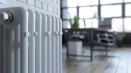 Close up of white iron aluminum steam radiator in office