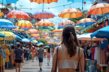 Fototapeta premium Woman Walking Through Colorful Umbrella Covered Street Market