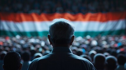 Large gathering for a speech by a local leader on Independence Day, the speaker standing in front of a massive tricolor backdrop, the crowd listening attentively