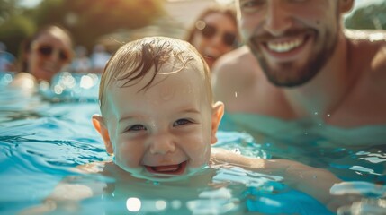 Dad mom and smiling baby in swimming pool.