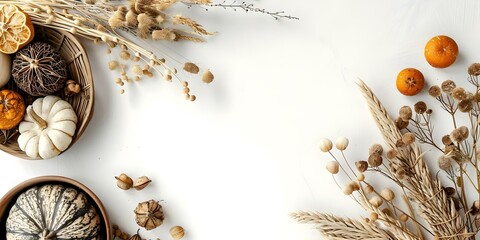 Thanksgivingthemed objects set on a white background. Concept Thanksgiving theme, White background, Seasonal objects, Tabletop decor, Autumnal still life